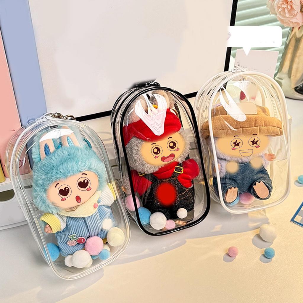 Colorful Transparent Protector Case Organizer Box for 17cm Labubu V3 Dolls Outdoor Display Bag With Keychain Doll Accessories