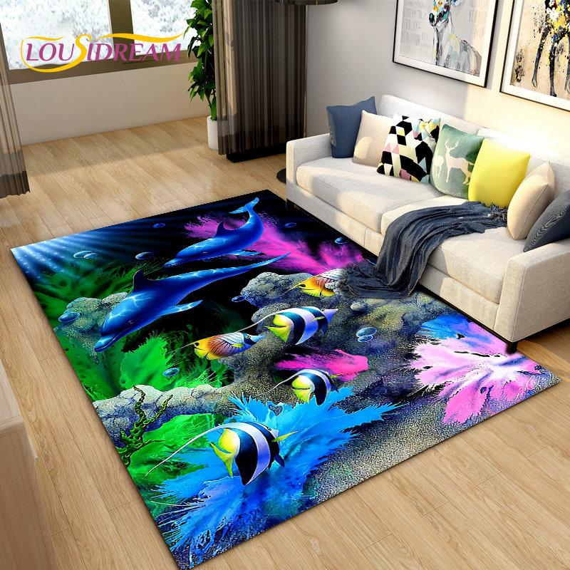 3D Underwater World Sea Turtle Dolphin Area Rug Large,Carpet Rug for Living Room Bedroom Sofa Doormat Kitchen,Non-slip Floor Mat