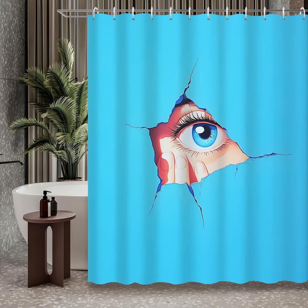 1pc Blue Theme Stone Wall Crack Hole Eye Print Shower Curtain Partition Curtain, Polyester Fabric, with 12 Hooks, Shower Curtain
