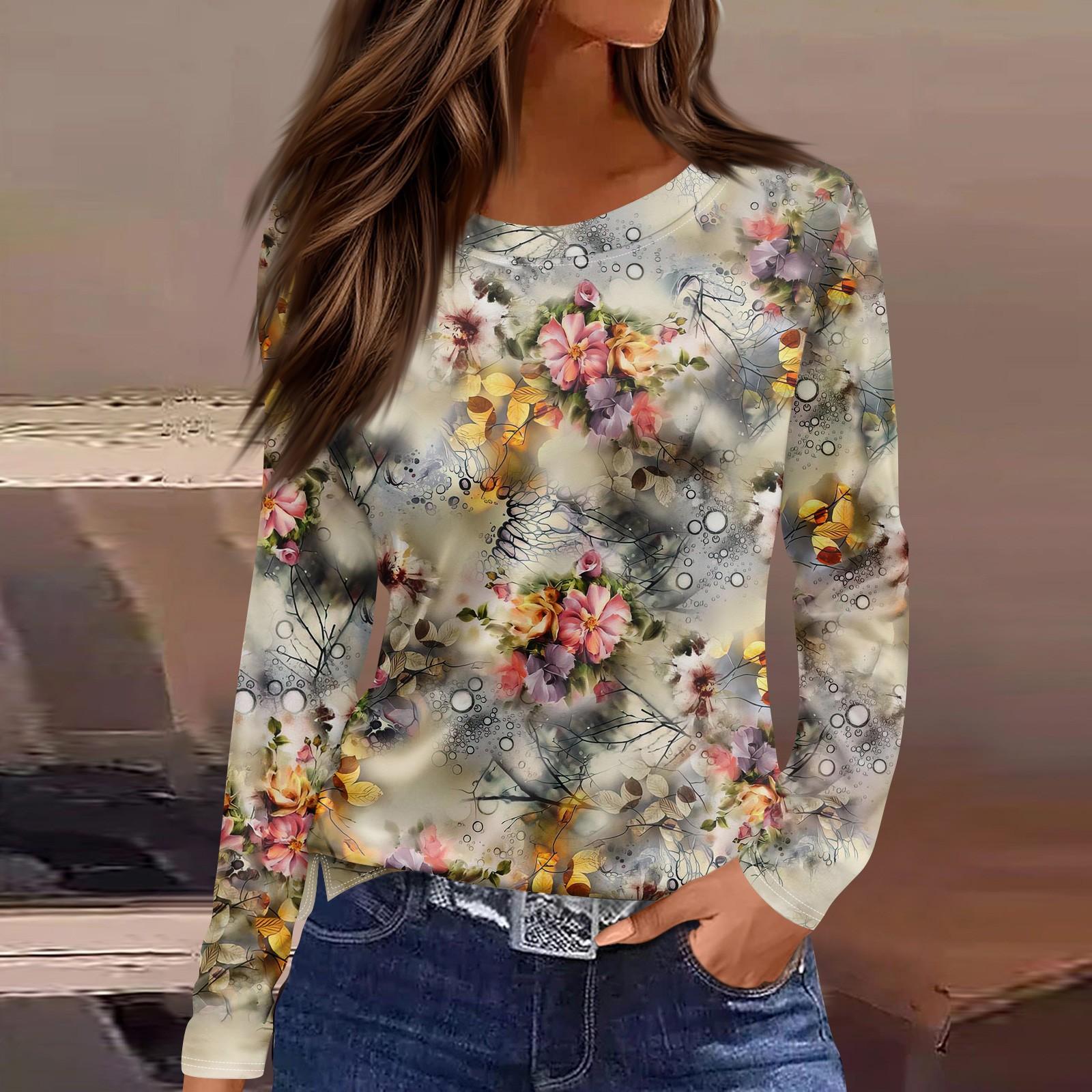

Women s Fashion Casual Slit Hem Round Neck Long Sleeve Loose Printed T-Shirt Ladies Top Tops for Women Womens Tops and Blouses 8XL