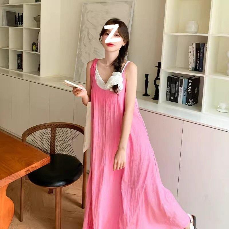 Sanya travel wear pink dopamine French sleeveless suspender long dress seaside vacation casual mopping dress