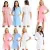 Short Sleeve Button Front Scrub Dress Women Adults S-XXL - Lapel Collar Solid Color Hospital Nurse Lab Coat Uniform