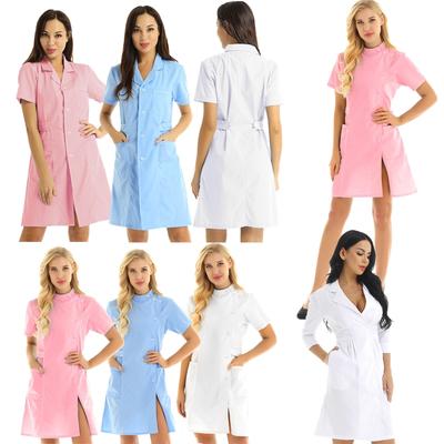 Short Sleeve Button Front Scrub Dress Women Adults S-XXL - Lapel Collar Solid Color Hospital Nurse Lab Coat Uniform