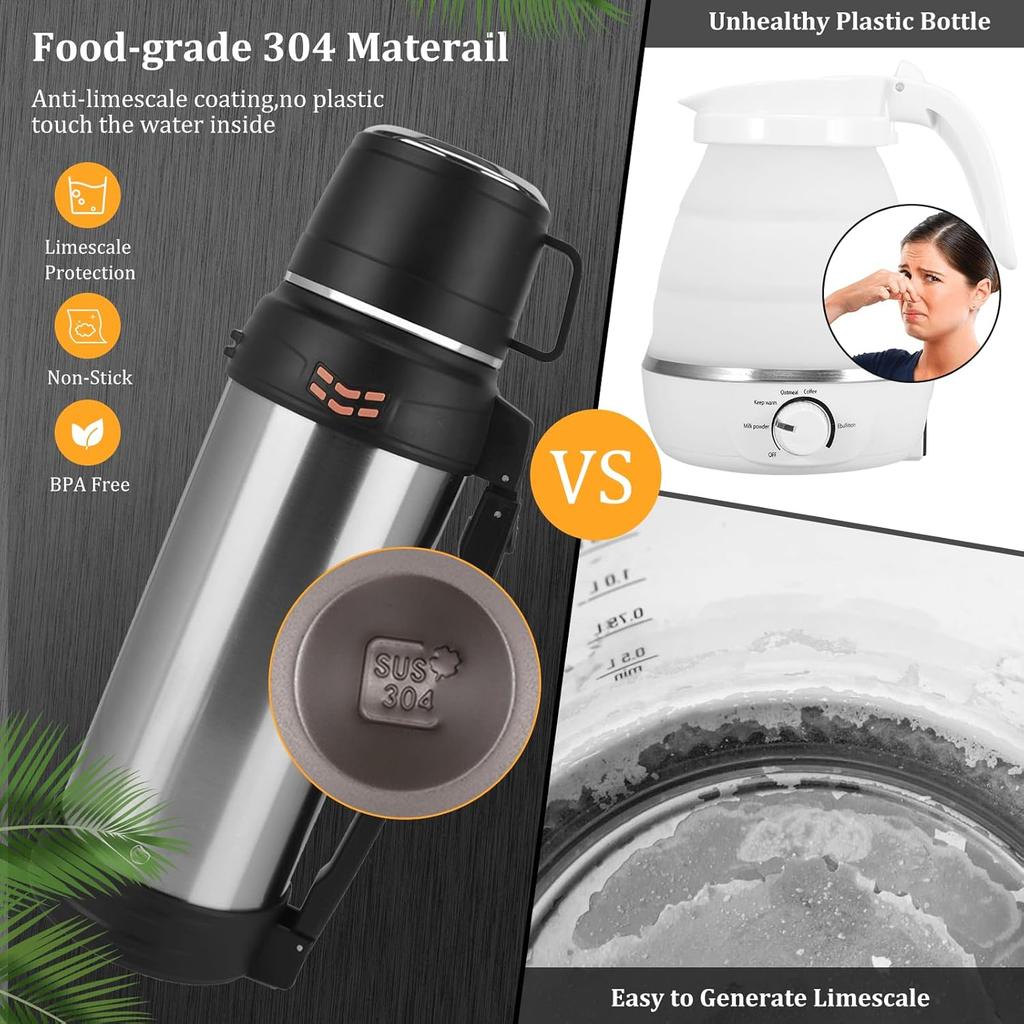 Vakuumisolierte Flasche - 2L Großes Fassungsvermögen Edelstahl Metall Wasserflasche für Heiße und Kalte Getränke, Thermoskanne mit BPA-freiem Becher, Tragbar