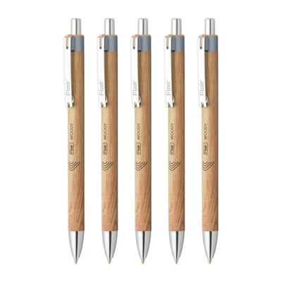Flair Woody Cliq Bolígrafo Retráctil 0.7mm Paquete de 1 x 5 bolígrafos Tinta Negra Elegante Cuerpo con Textura de Madera para Oficina Escuela Escritura