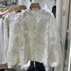 Women's Crochet Hollow Lace Puff Sleeve Blouse, Chinese Style Button-Up, Spring 2026 Trendy