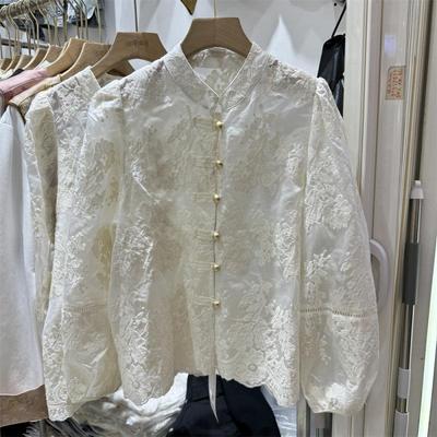 Women's Crochet Hollow Lace Puff Sleeve Blouse, Chinese Style Button-Up, Spring 2026 Trendy