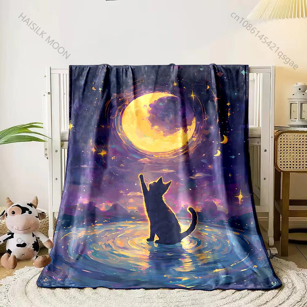 Cat reaches moon reflection Print Adult Children Warm Blankets Home Travel Car Soft and Comfortable Suitable for all seasons