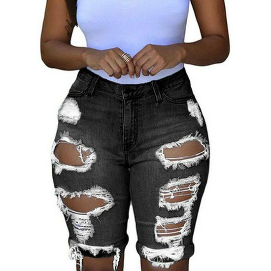 European & American Style High-Waisted Ripped Denim Shorts for Women
