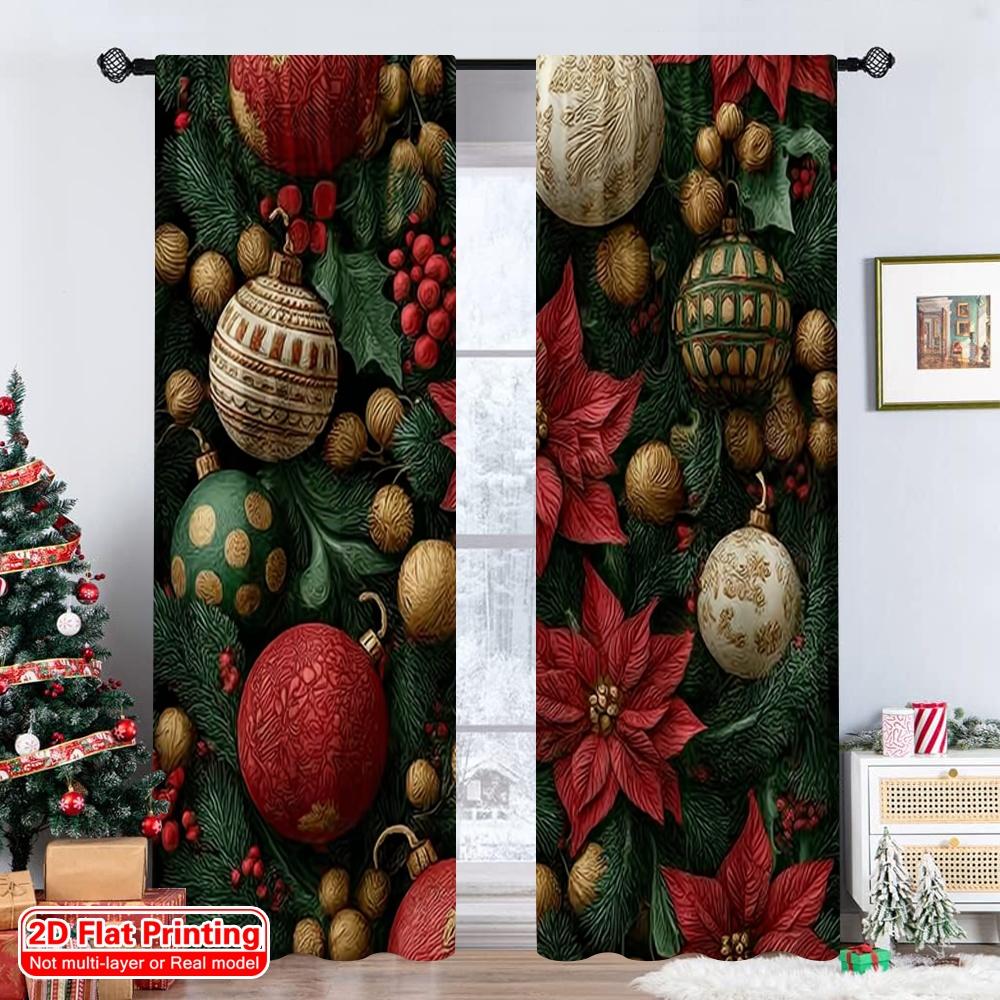 Set Of 2 Flat Printing Fashionable Christmas Curtains Decorations Pine Branch Elements Durable Polyester Fiber Birthday Curtain