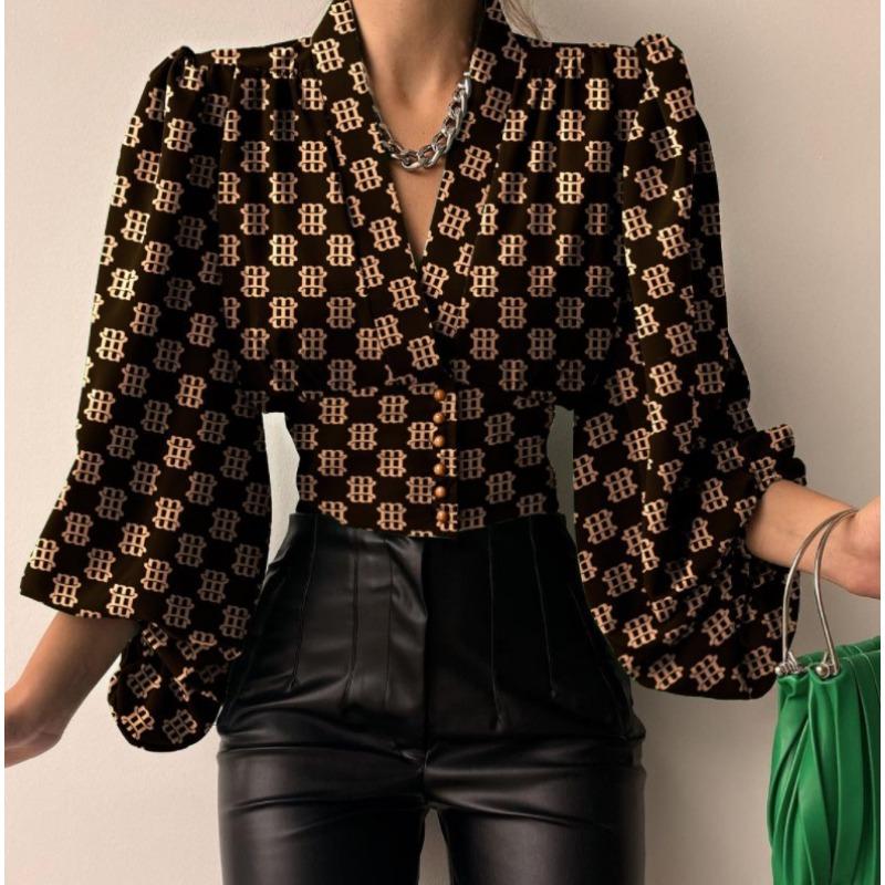 Summer New Style Temperament Button V-neck Lantern Sleeve Blouse Shirt Women