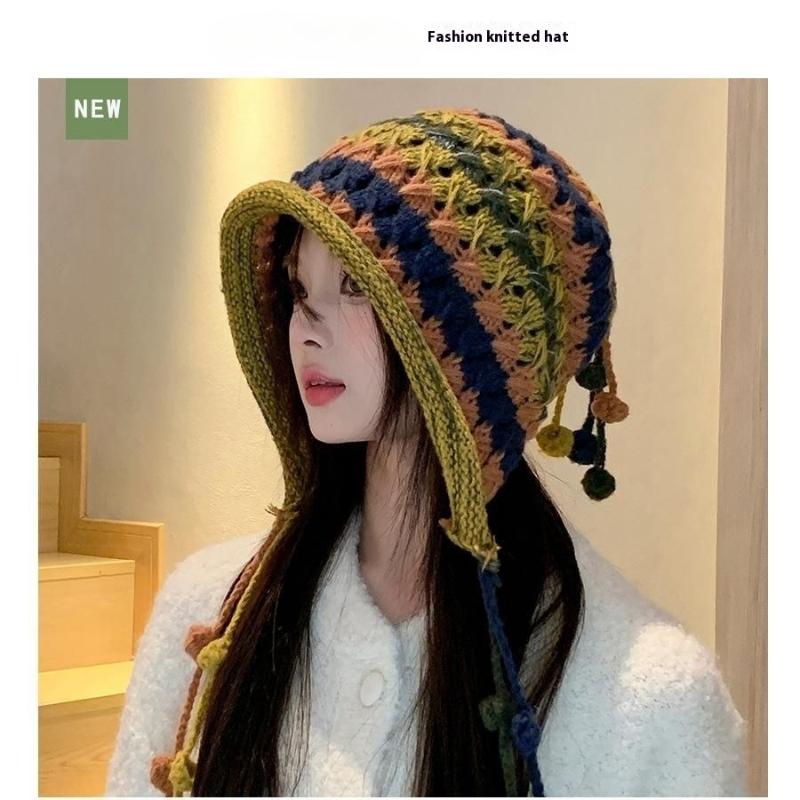 Cute Bear Plu Knitted Hat Womens Autumn Winter Large Head Circumference Face Slimming ColdProof Ear Protection Leon Fur Hat