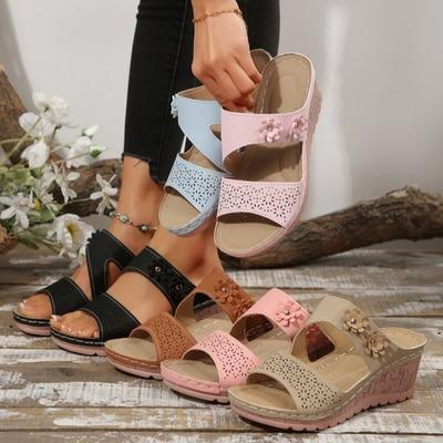 Sommer Damen Hausschuhe Übergröße Damenschuhe Retro Römersandalen Damen Pu Casual Blumen Keilsandalen Plateau Hausschuhe