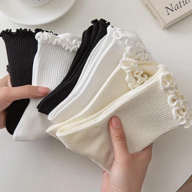 5/10/20 Pairs Mix Color Socks Fashion Women Ruffle Frilly Socks Novelty Funny Ankle Socks Cute Solid Cotton Breathable Sock