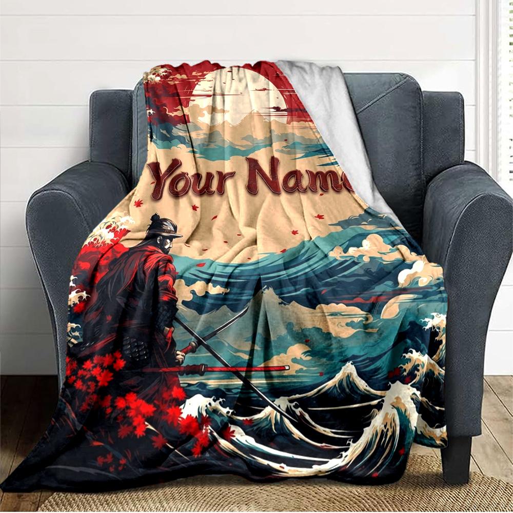 Name Custom Japanese Samurai Print Flannel Blanket High Quality Warm Comfortable Cover for All Seasons Perfect for Gifts Home Decor