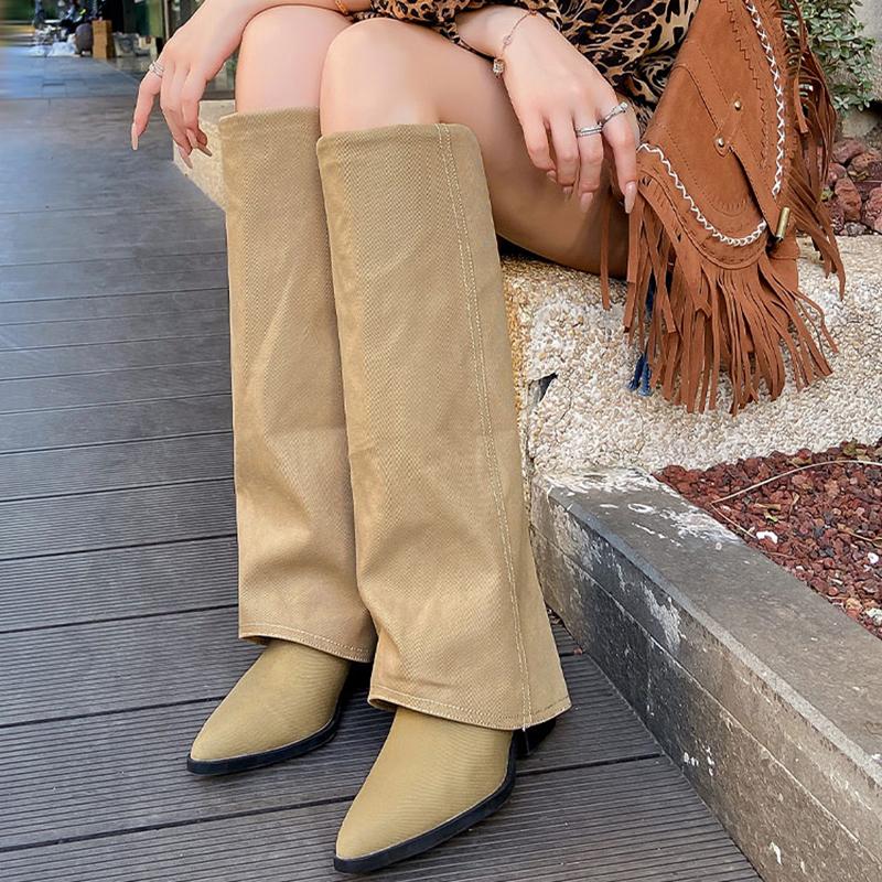 Vintage Women Western Cowboy Knee High Boots Fashion Thick Heel Autumn Winter Laides Trouser Legs Long Botas De Mujer