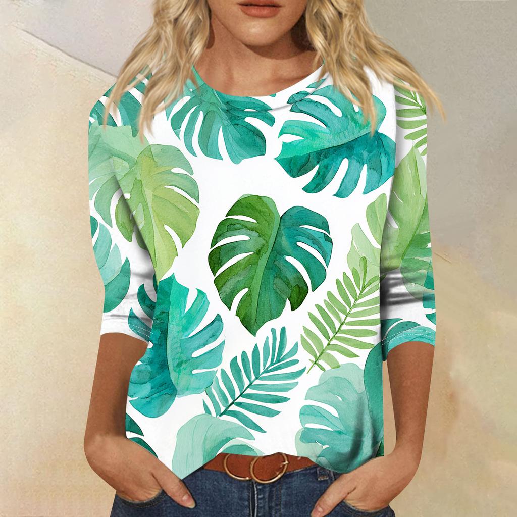 Women's Fashionable Casual Round Neck Three-quarter Sleeve Hawaiian Print T-shirt Top