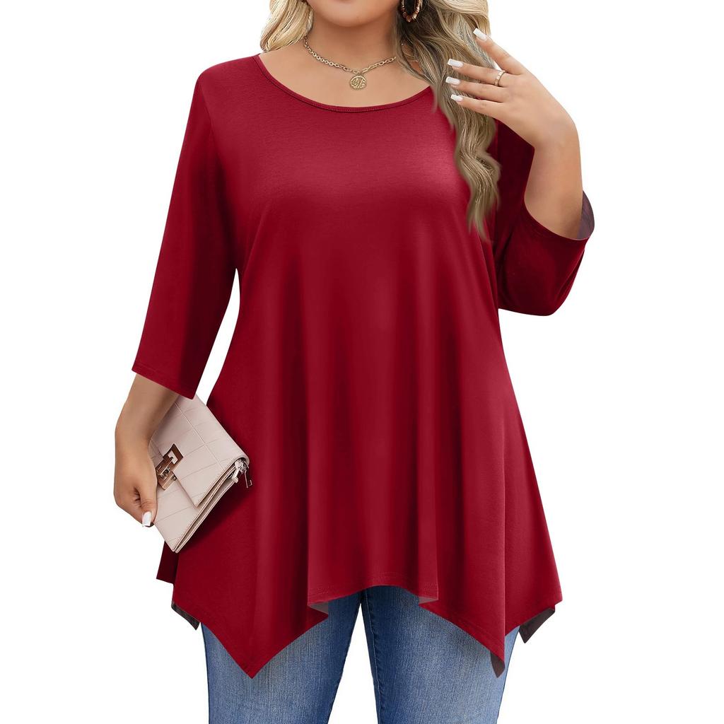 Womens Plus Size 3/4 Sleeve Shirts  Round Neck Tunic Tops Basic Loose Fit Tee Tops L-5XL