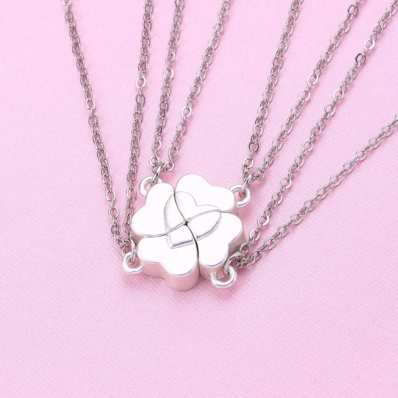 4 Piece Four Leaf Clover Stitching Necklace Magnet Stone BFF Friendship Heart Pendant Chain Choker Necklace Jewelry