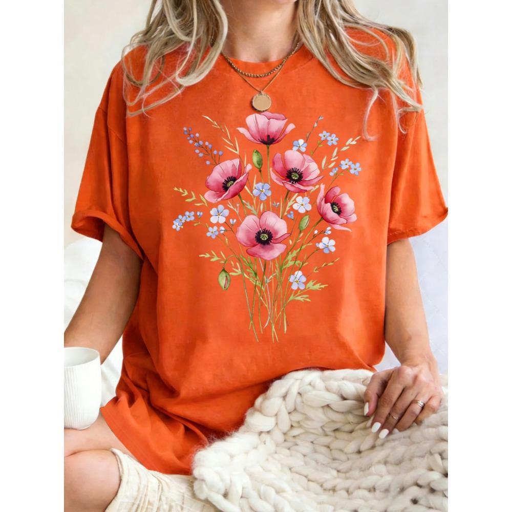 Beautiful Watercolor Flowers Print Womens T Shirt Cotton Oversize T-Shirts Summer Breathable Short Sleeves Sport Top