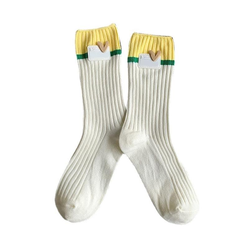 Japanese Style Women Y2K Girl Cotton Crew Socks Harajuku Sweet Love Label Colorblock Ribbed Knit Middle Tube Calf Socks белый
