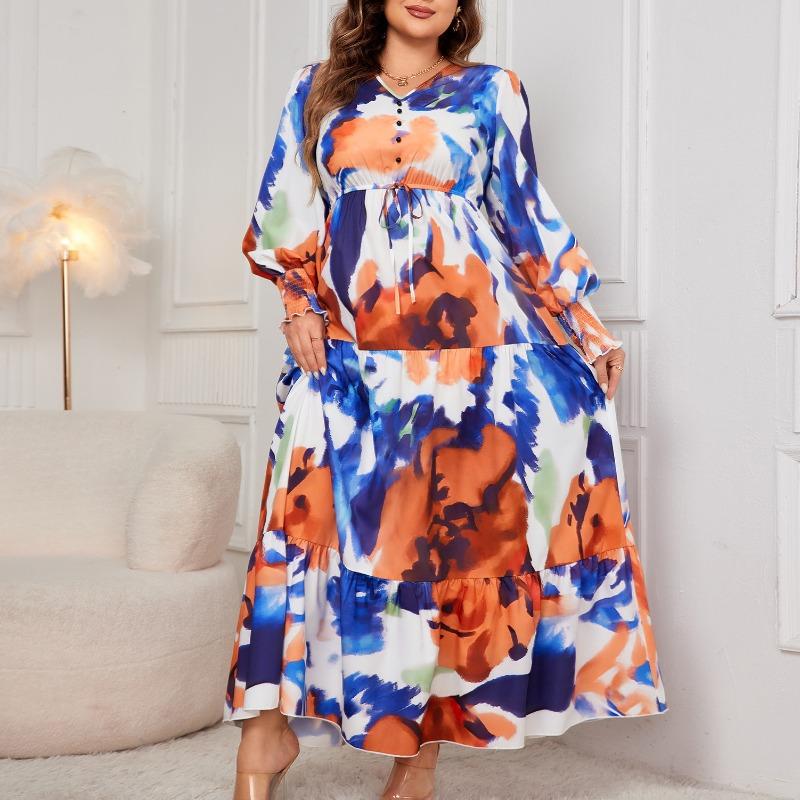 Women's Plus Size Loose Print Mid Length V Neck High Waisted Dress