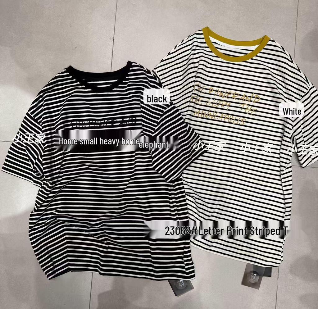 Xiao Wangs Frühling 23062 Koreanisches Übergrößen-Streifen-T-Shirt mit Rundhalsausschnitt