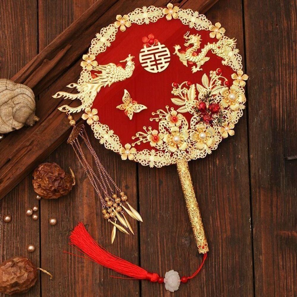 Traditional Chinese Style Bride Group Fan Handmade Vintage Bride Hand Held Fan Flower Xiuhe Fan Hanfu Fan Photography