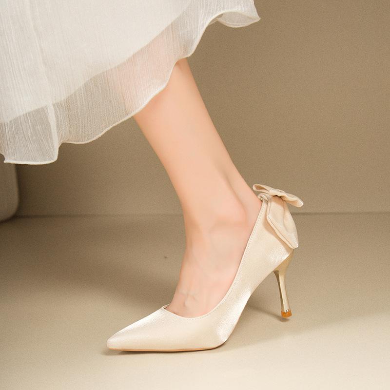 Red Satin Bridal Shoes Spring and Autumn New Elegant Bow Pointed Tip Stiletto Single Shoes Women's Heels Satin