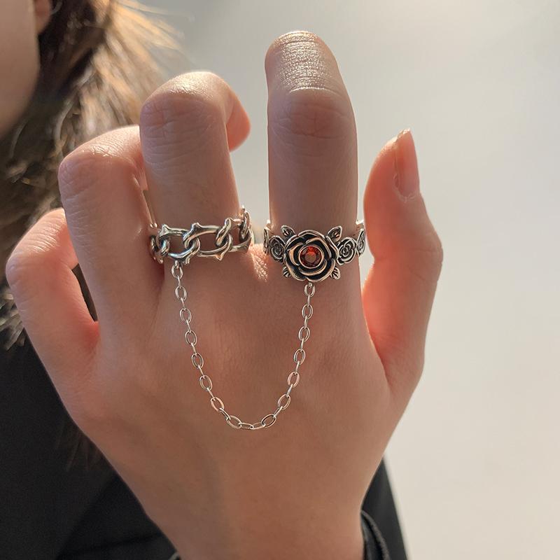 New Korean Thorn Rose Double Finger Ring Ladies Vintage Silver Color Fashion Chain Flower Opening Ring Wedding Party Gifts