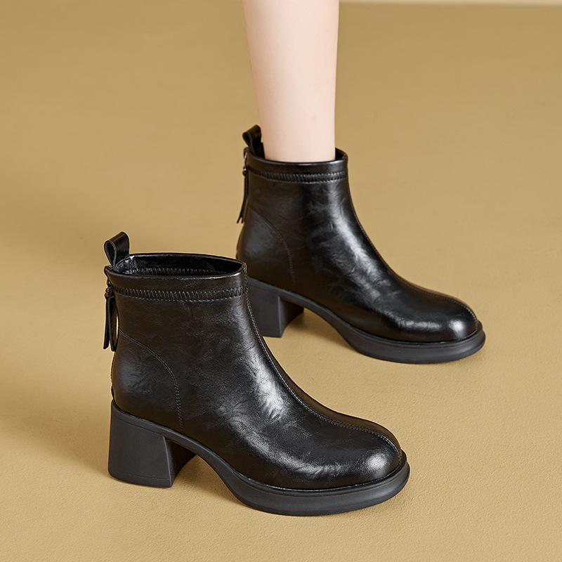 Fall/Winter Women's Thick-Soled Genuine Leather Skinny Boots, Korean-Style Back Zipper Martin Boots, Slip-On Casual Shoes