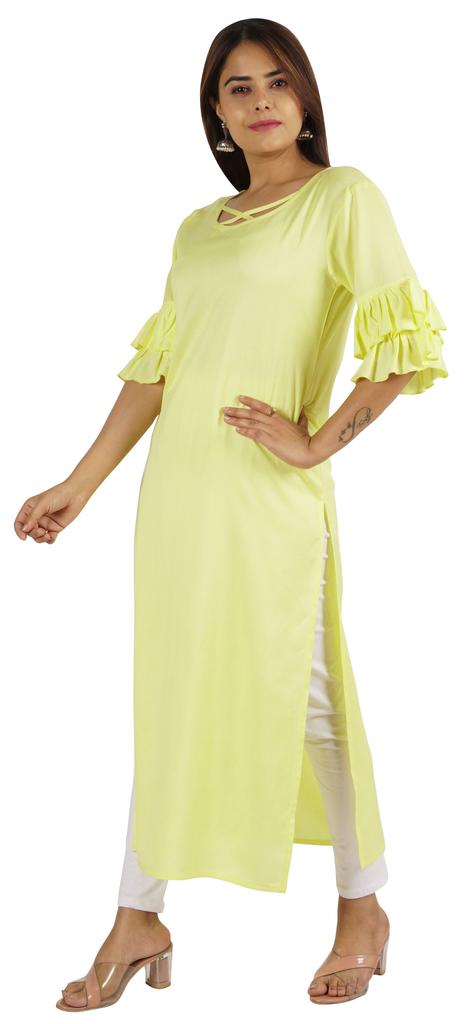 Moomaya Solid Designer Kurti Bell Sleeve Casual Long Straight Kurta For Women