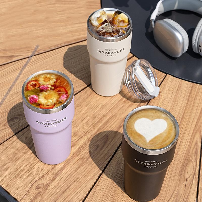 700ML Double Drink Insulation Cup Stainless Steel Straw Thermos Water Bottle Portable Large Outdoor Coffee Thermal Car Ice Mug