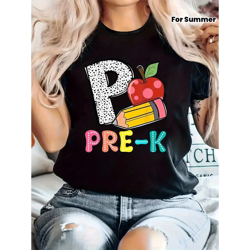 

Women S Casual PRESCHOOL Graphic T-Shirt - Black with Colorful Lettering & Apple Design, Short Sleeve, Round Neck, Stretchy Fabric, S чёрный