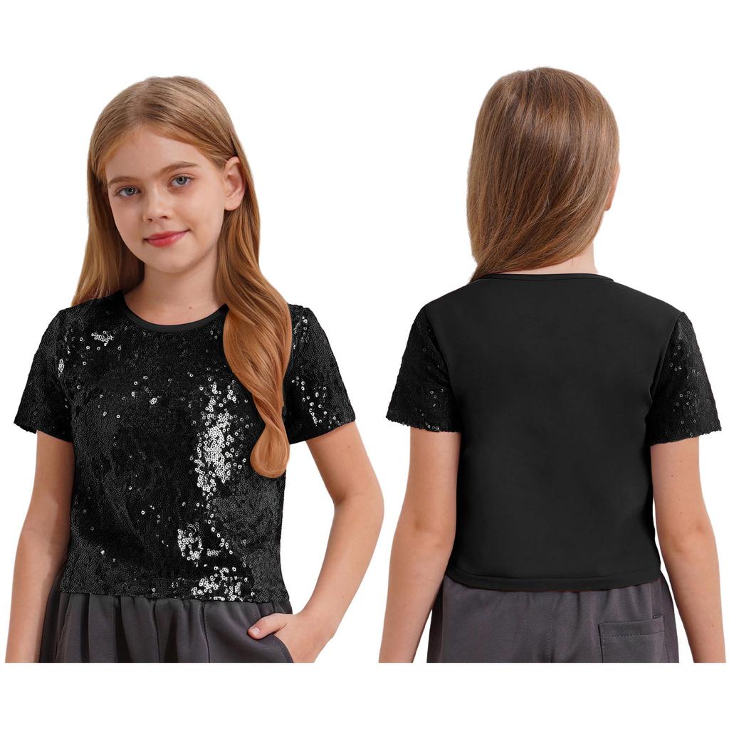Dětský Sequin Crop Top Krátký Rukáv Kulatý Výstřih Třpytivý Hip Hop Jazzový Tanec Scénické Oblečení