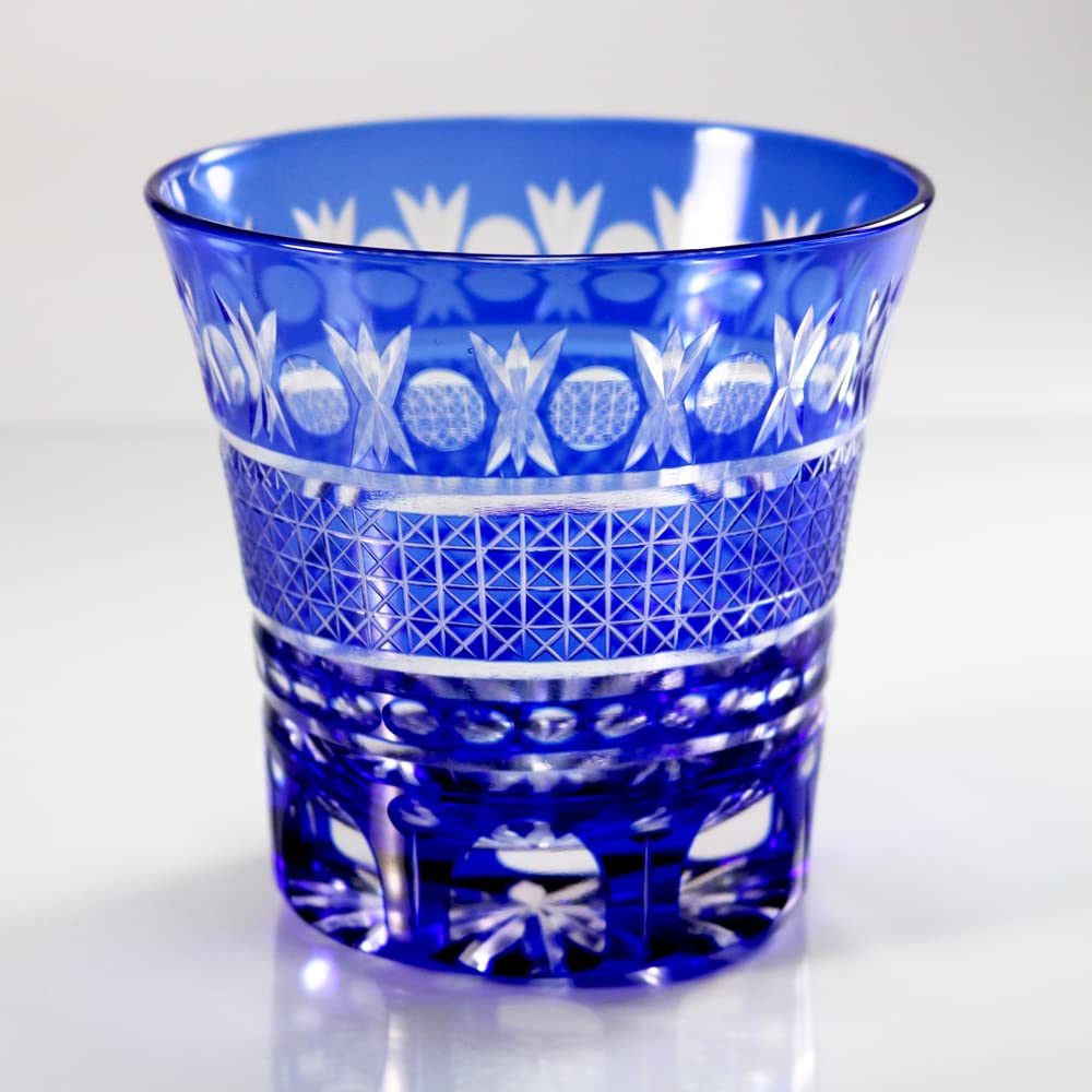 GREEM MARKET Crafts with Wooden Box Glasswork Kiriko Glass Cup Shochu Glass Kiriko Glass Product GMS00726 Number (Blue)