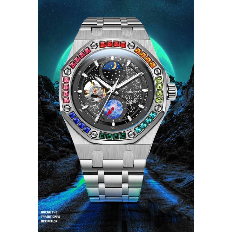 Rhinestone Set Bezel Design Men Automatic Steel Mechanical Watch Tourbillon Luminous Waterproof Men's Wrist Watch
