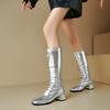 Plus Size Sewing Smooth Silver Upper Thick Heel Side Zipper Knee High Boots Square Toe Precise Style Long Boots