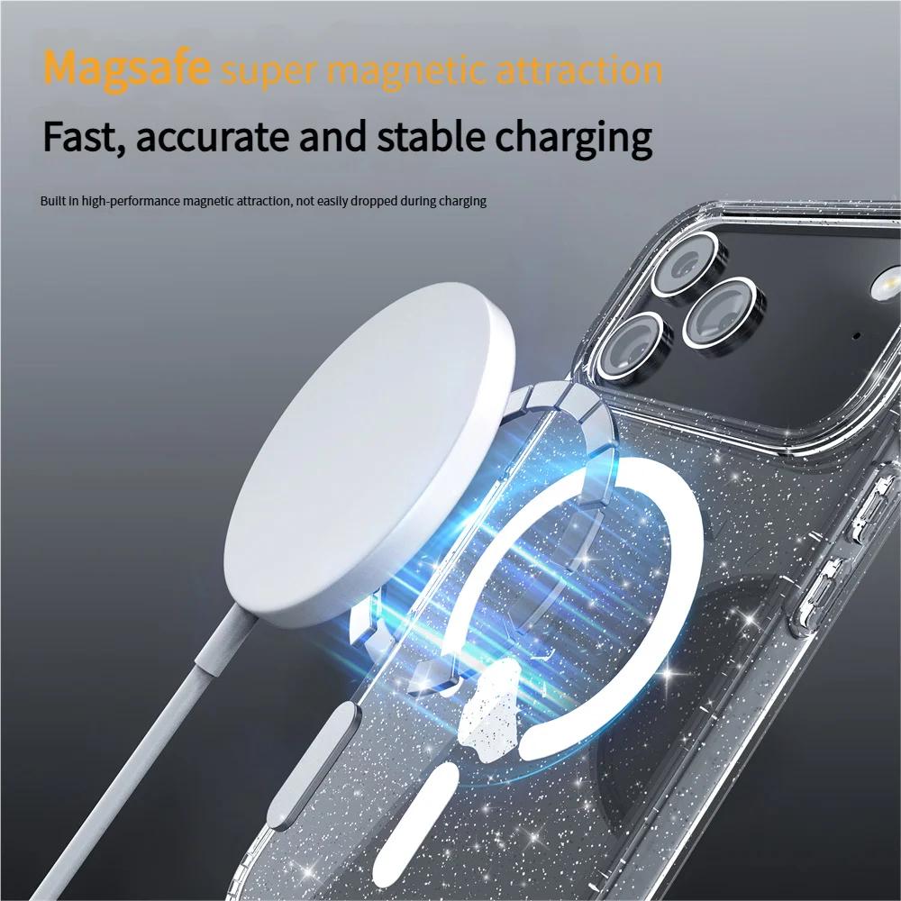 Luxury Glitter PC+TPU Magnetic Charge Armor Phone Case For IPhone 17 Air 16 15 14 Plus 13 12 Pro Max Anti-Drop Buffer Back Cover