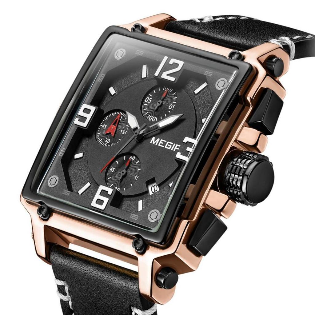 MEGIR Mannen analoog leger militaire chronograaf lichtgevende quartz horloge met mode lederen band voor sport en zakelijke werk ML2061G, BRON, Quartz horloge, chronograaf