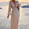 Deep V Neck Long Sleeve Waist Tight High-Waist Floor-Length Evening Dress Shiny Sequins