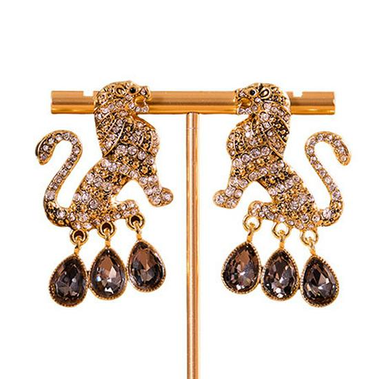 

European-American Vintage Luxury Lion Diamond Earrings with Teardrop Crystal Pendant