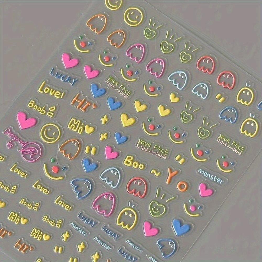 Charming Cartoon Face Stickers - Self-Adhesive, Colorful Nail Art Designs with Hearts & Smiles, Perfect for DIY & Salon Use, Nail Art Stickers