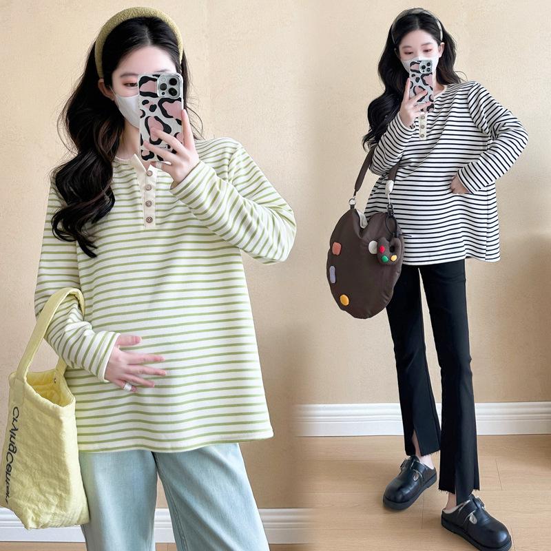 2026 Spring/Summer V-Neck Striped Casual Long Sleeve T-Shirt for Pregnant Women