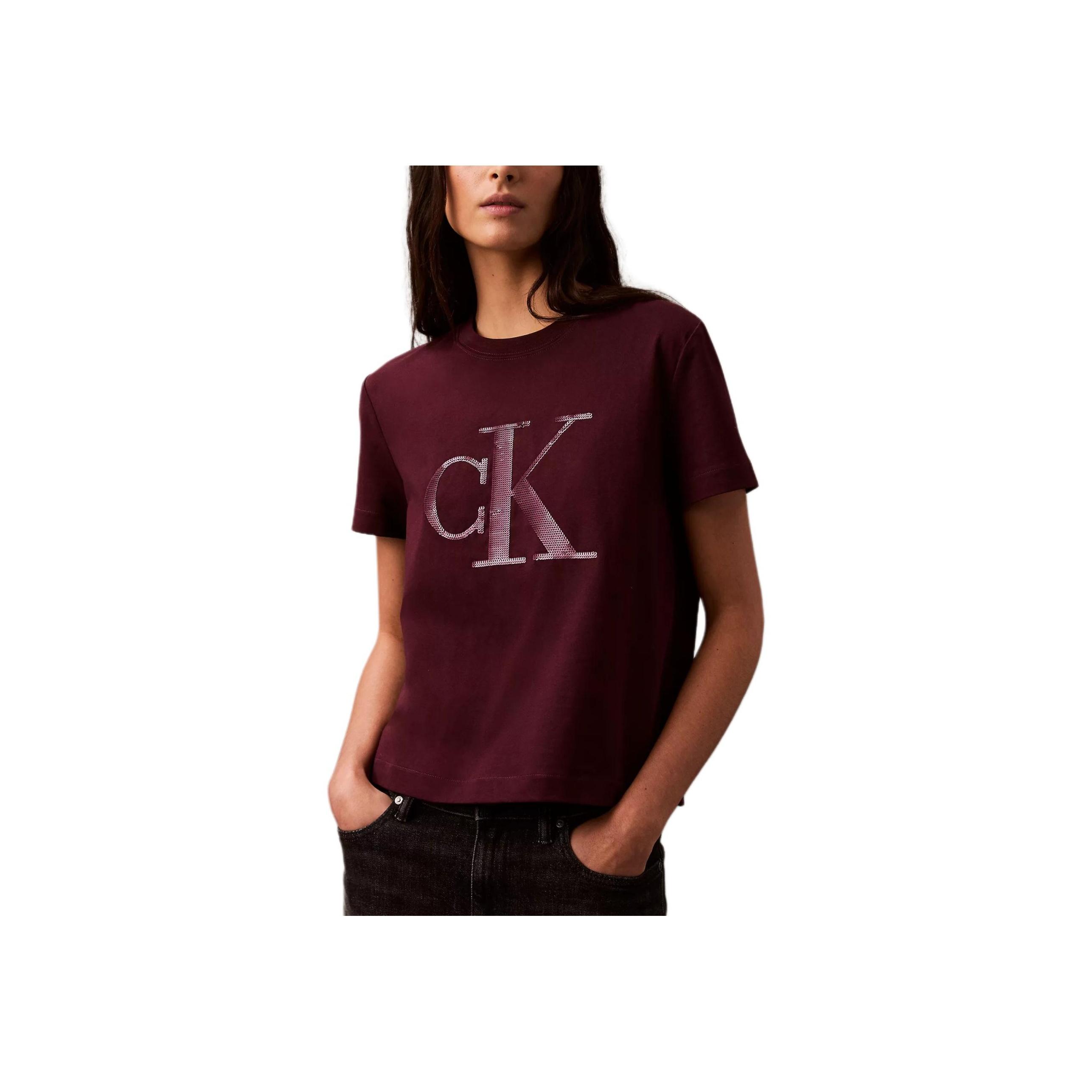 

Calvin Klein Мягкая дышащая футболка с круглым вырезом и буквенным узором, короткие рукава, женские топы, темно-красный цвет 40WL271-201 XS