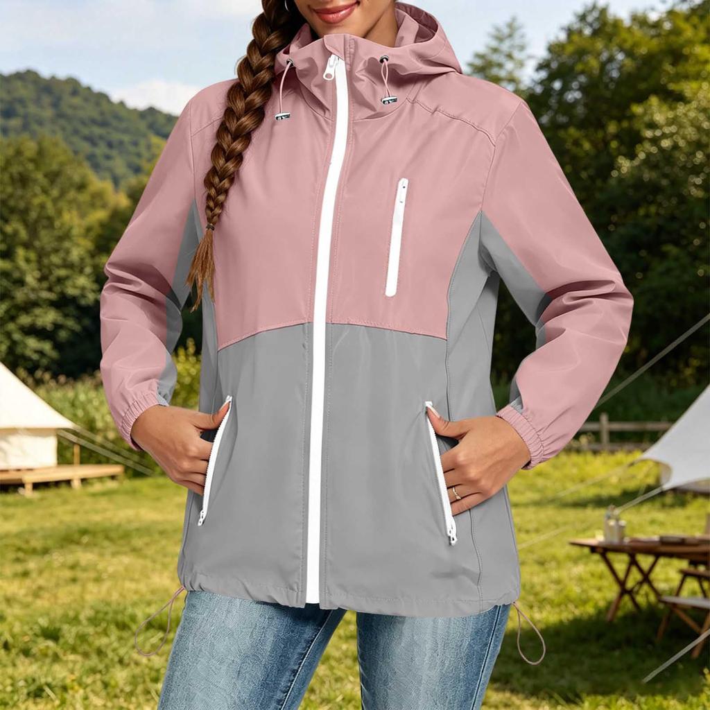 Women's Lightweight Casual Hooded Windbreaker Jacket Drawstring Waist Long Sleeve Zip Up Outerwear for Outdoor Activities
