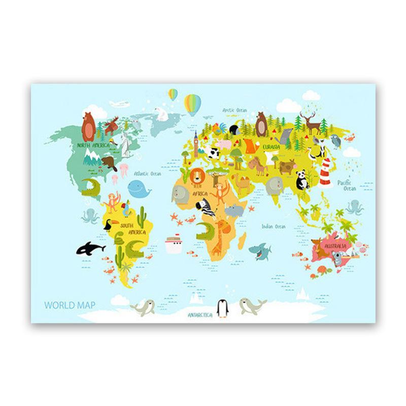 Poster de artă de perete pentru creșă, hartă a lumii animale, pictură pe pânză de desene animate pentru dormitor pentru copii, imagini scandinave, decor pentru cameră de copii