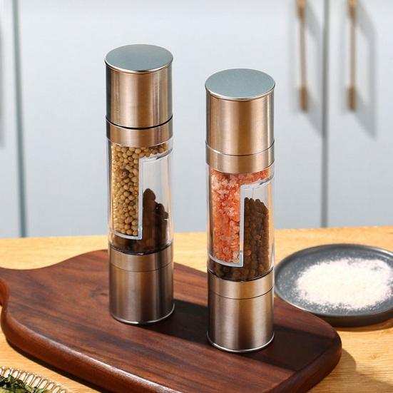 Salt And Pepper Grinder Double-Sided Spice Grinder 2 Compartments Adjustable Coarseness Transparent Spice Mill Easy Refill Spice Bottle for Kitchen