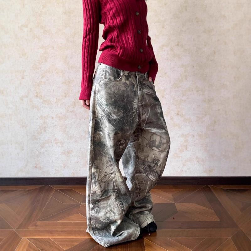 Womens Relaxed Fit Distressed Embroidered Letter Camo Denim Pants High Waist Baggy Cargo Style Streetwear