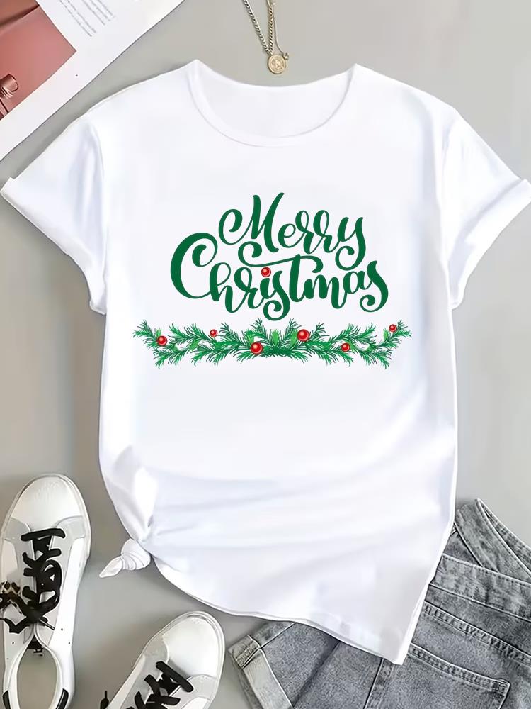 (Asian Size) Style Cute Tee Top Print Christmas New Year Clothing T Shirt Women Fashion Festival Female Woman Short Sleeve Graphic T-shirts